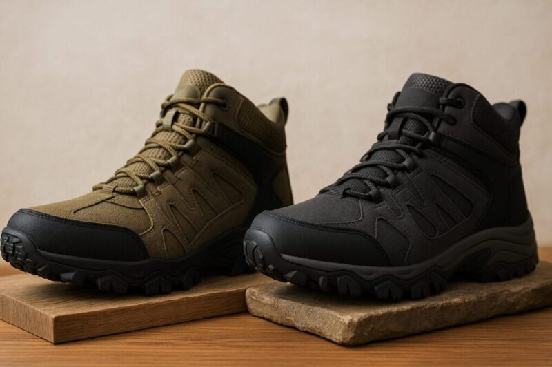 同条件で並べた2足の無地ミッドカット登山靴。ラグ深さやつま先・ヒール形状の違いを比較できるイメージ