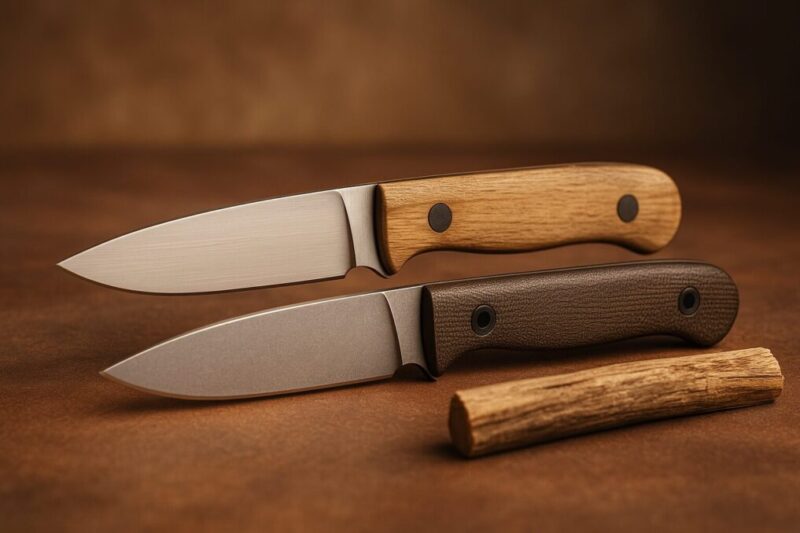 同条件で撮影された2本の無地ナイフを並べ、仕上げとハンドル素材の質感差を可視化した比較イメージ