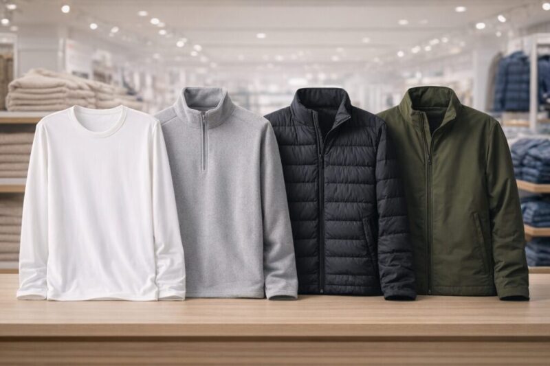 吸汗インナー、フリース、薄手保温着、外側の順に並べた防寒レイヤリングの比較