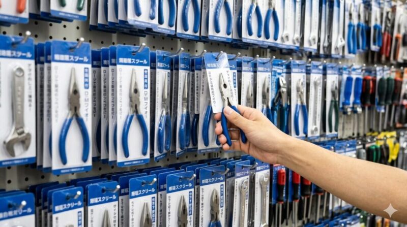 品薄の工具棚で代用品のプライヤーを探す様子