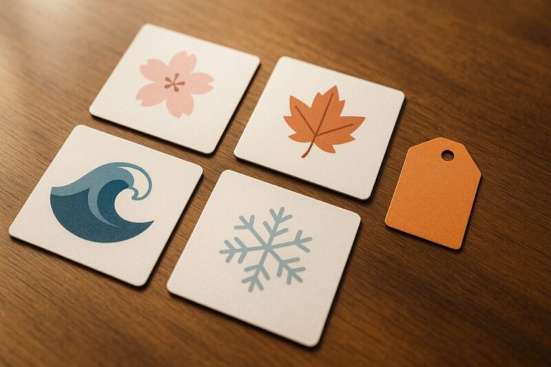 四季のアイコン（桜・海・紅葉・雪）とセールタグの抽象イラストイメージ