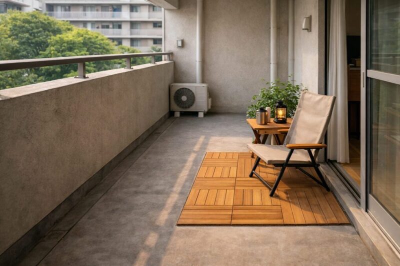 団地ベランダで床材を部分使いし、椅子まわりだけをくつろぎ空間として整えたイメージ
