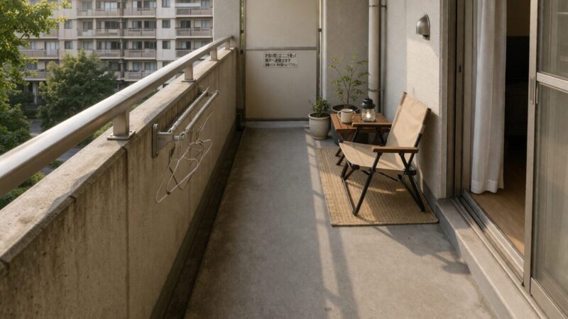 団地ベランダで通路を確保しながら家具を配置したレイアウト例