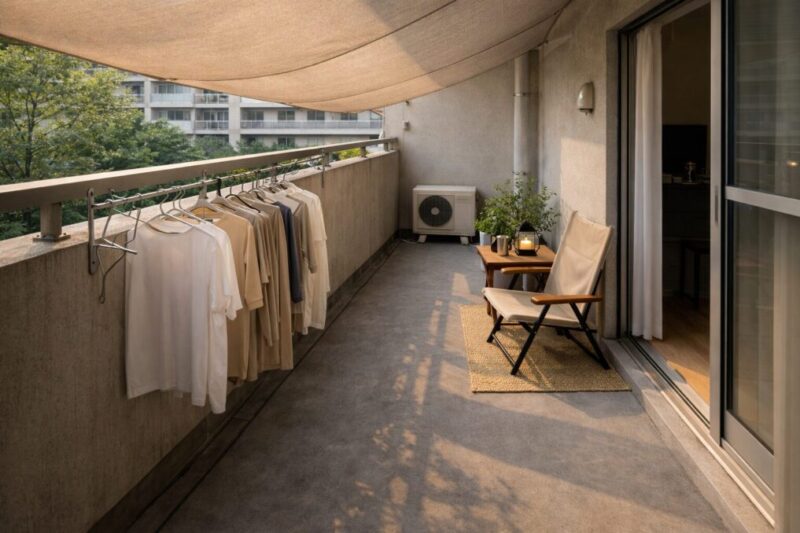 団地ベランダに軽い日除けを取り入れた快適なベランピング空間