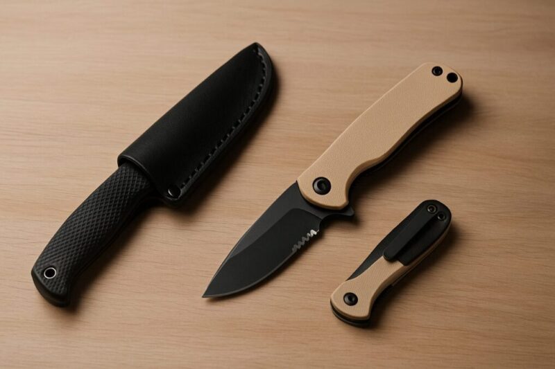 固定刃と折りたたみを並置し、シースとクリップの違いを示した比較写真。用途に応じた選び方のイメージ。