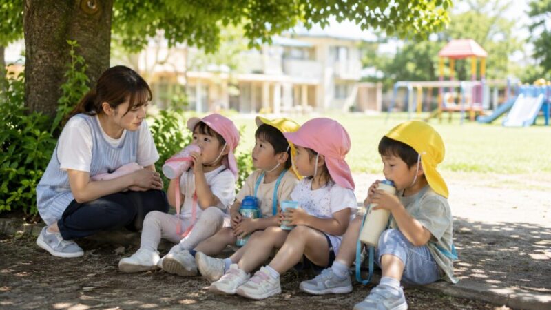 園庭の木陰で早めに休憩する子供たちと保育士