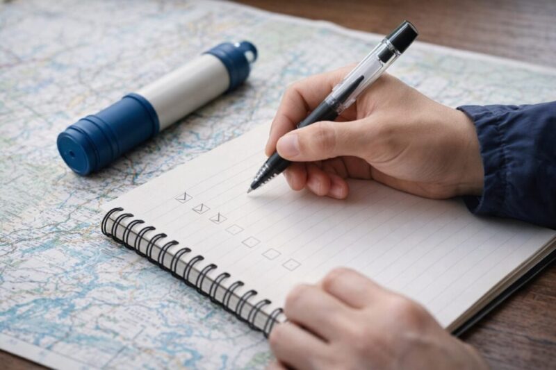 地図を広げた上でチェックリストを確認しながら携帯浄水器の選び方を整理している手元の様子