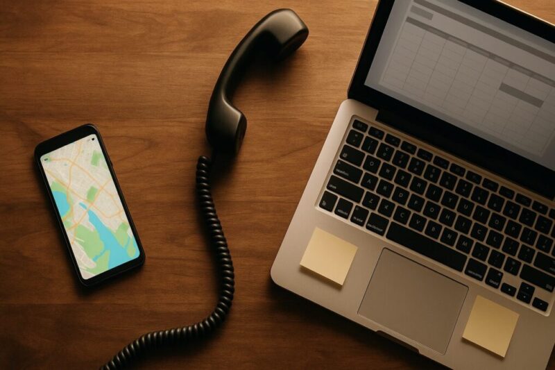 地図アプリを表示したスマホ・受話器・在庫表のPC画面を木製デスクに俯瞰配置イメージ