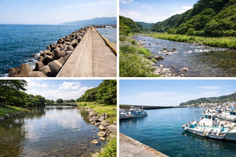 堤防、川辺、公園の水辺、旅先の漁港を並べて、ペン型ロッドが使いやすい場所の違いをイメージできる比較写真