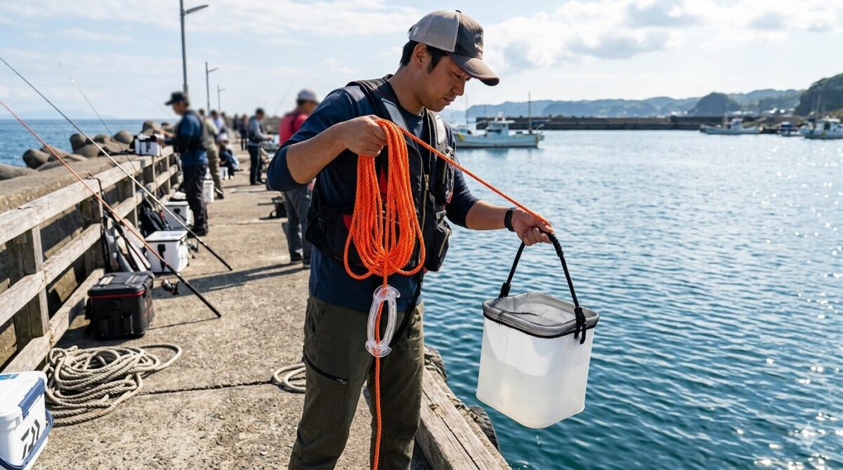 堤防で自作の水汲みバケツを使う釣り人。