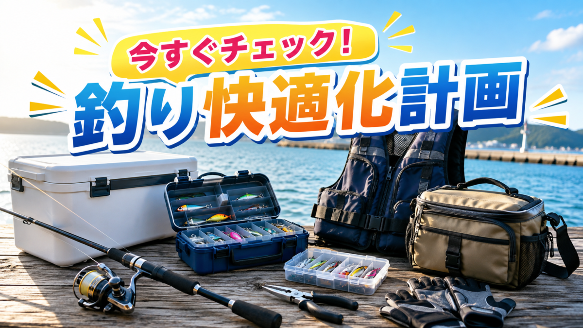 堤防の釣り場で釣竿・リール・タックルケース・クーラーボックス・ライフジャケット・釣り用バッグを並べ、「今すぐチェック！釣り快適化計画」と入ったアイキャッチ画像