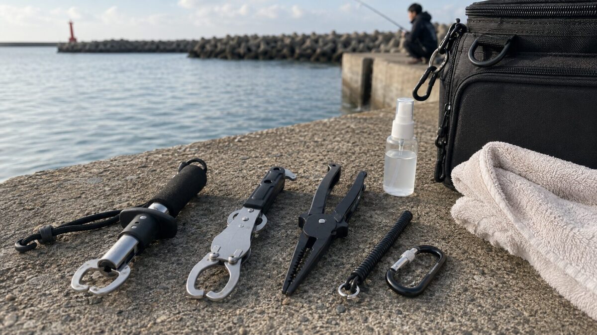 堤防釣りで使うフィッシュグリップと魚つかみ、サビ対策用品を並べた比較イメージ