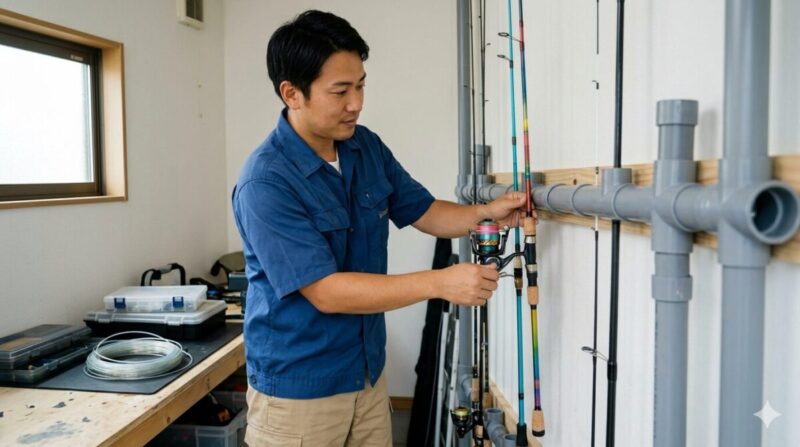 塩ビパイプを使った軽量ロッドスタンドDIYの完成例