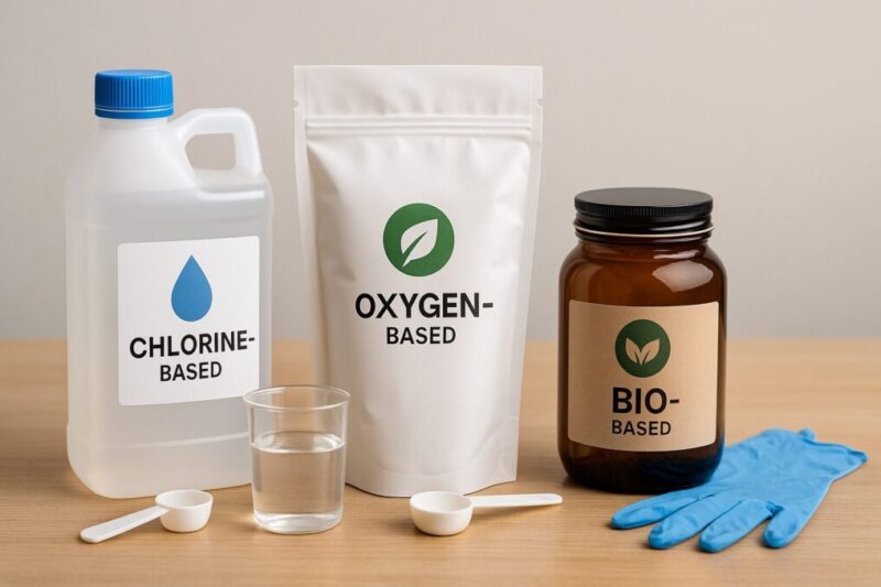 塩素系・酸素系・バイオ系薬剤の“用途別”ラベルの静物写真イメージ