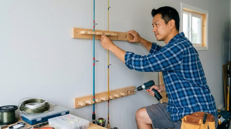 壁掛け式で省スペース化した釣竿収納DIYの例