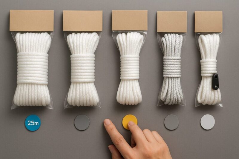 売り場で確認すべき5項目を示すため、無地のロープパッケージを並べ、丸いマーカーと手元で要点を指し示すフラットレイ写真。