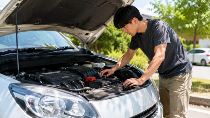 夏にエンジンがかかりにくい車のバッテリーを点検する様子