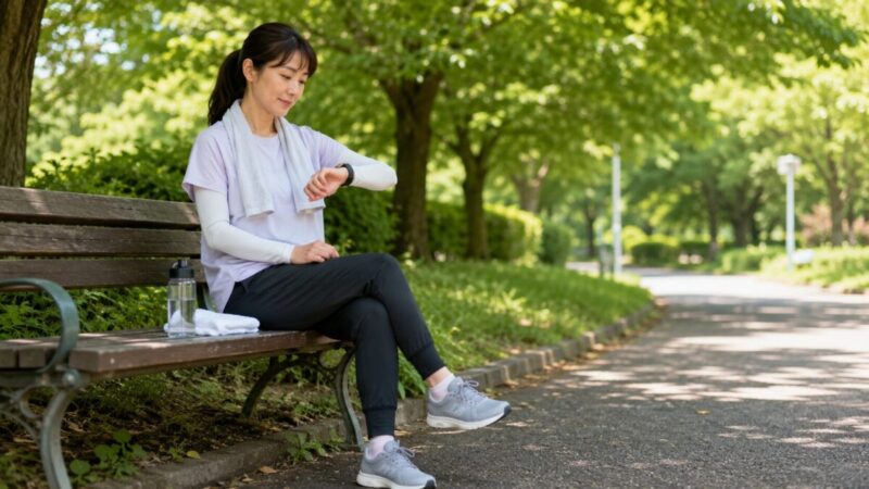夏のウォーキング中にベンチで休憩して時間を確認する女性