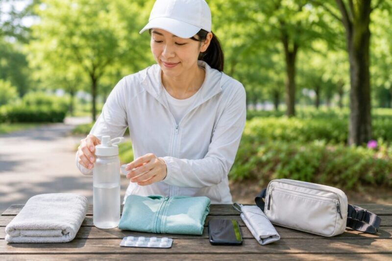 夏のウォーキング前に水筒やタオルなどの持ち物を準備する様子