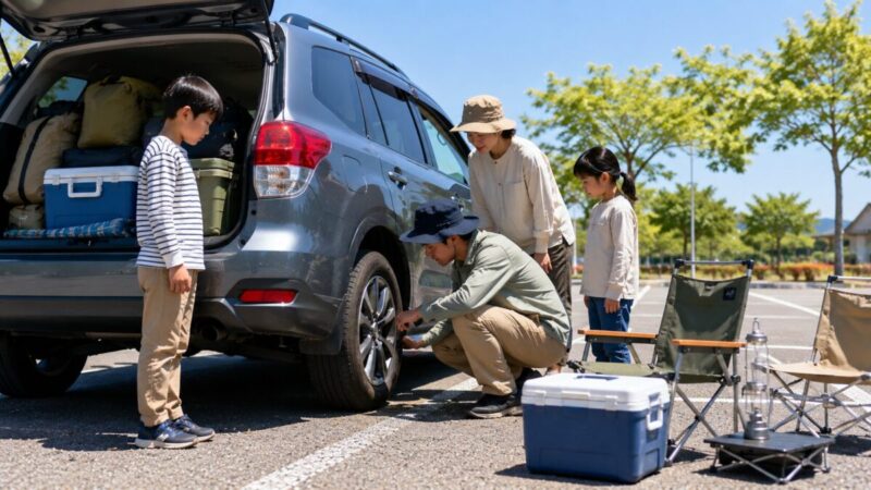 夏のキャンプ前に荷物を積んだ車のタイヤを確認する様子