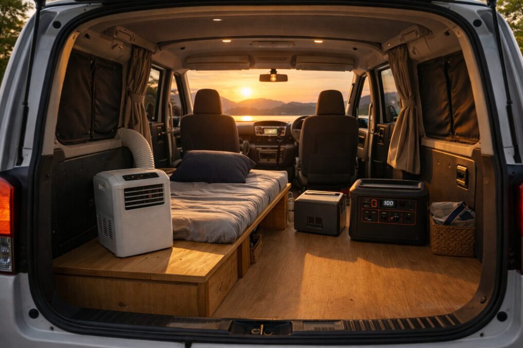 夏のキャンプ場で車中泊用クーラーとポータブル電源を積んだ軽バンの車内イメージ