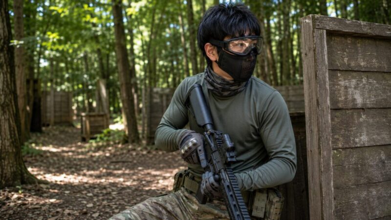 夏のサバゲーで薄手長袖を着て肌を守りながら遊ぶ初心者プレイヤー。