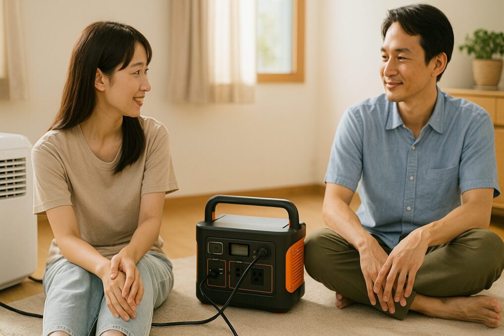 夏の室内で移動式エアコンをJackery 3000 Newに接続し家族が快適に過ごしている構図イメージ