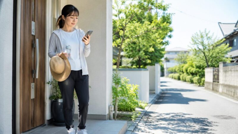 夏の朝に気温を確認してからウォーキングの準備をする女性