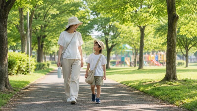 夏の朝に涼しい時間帯を選んで散歩する親子