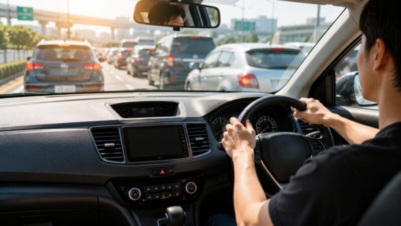 夏の渋滞中にエアコン使用で車の電力負担が増えるイメージ
