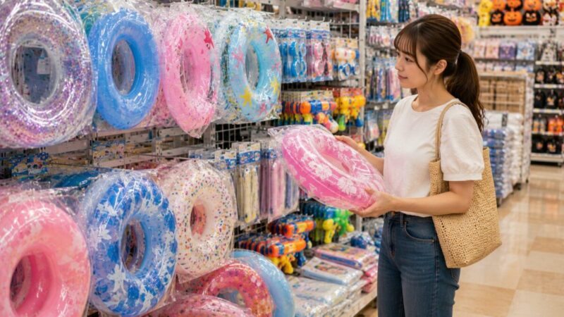 夏の終わりに浮き輪売り場で商品を確認する女性の買い物風景