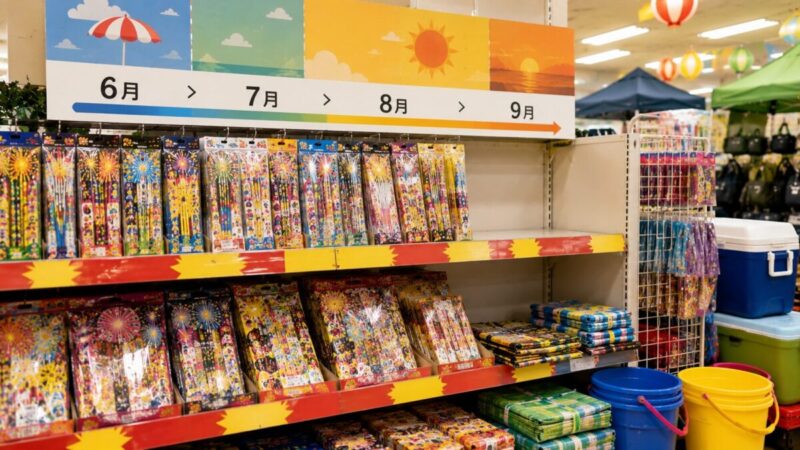 夏の終わりに花火売場の在庫を確認するイメージ