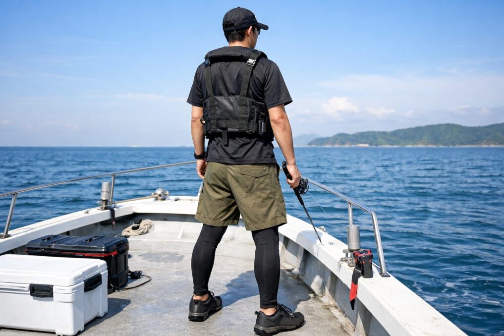 夏の船釣りで半ズボンとレギンスを組み合わせた安全寄りの服装イメージ