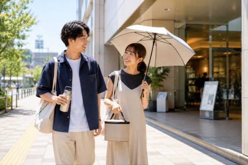 夏の街中でカップルが日傘と水筒を持ち、涼しい屋内施設へ向かう風景