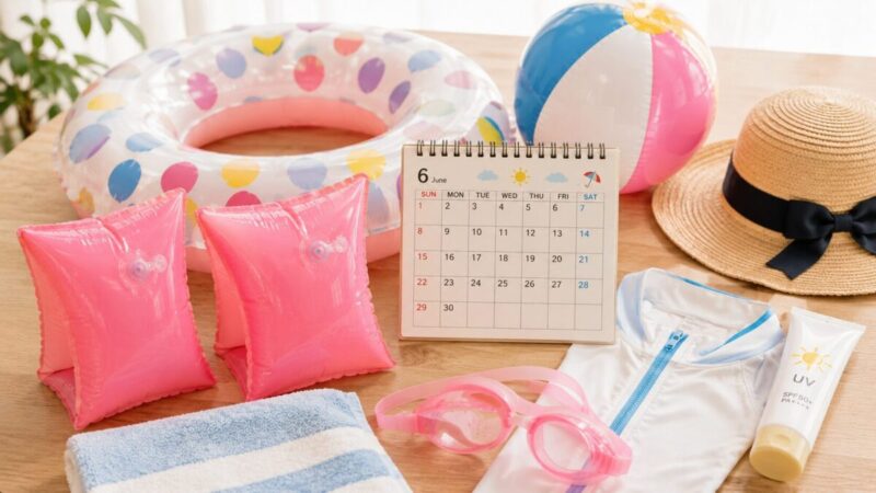 夏前にアームリングや浮き輪などの水遊び用品を準備するイメージ