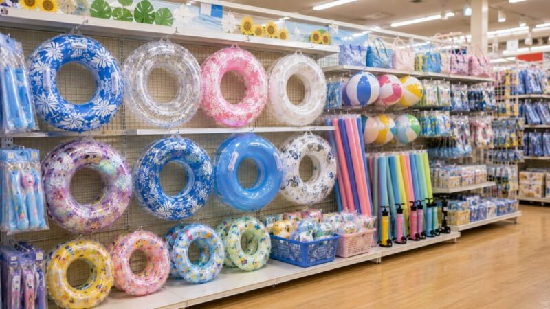 夏前の売り場に浮き輪やビーチグッズが並び始める様子