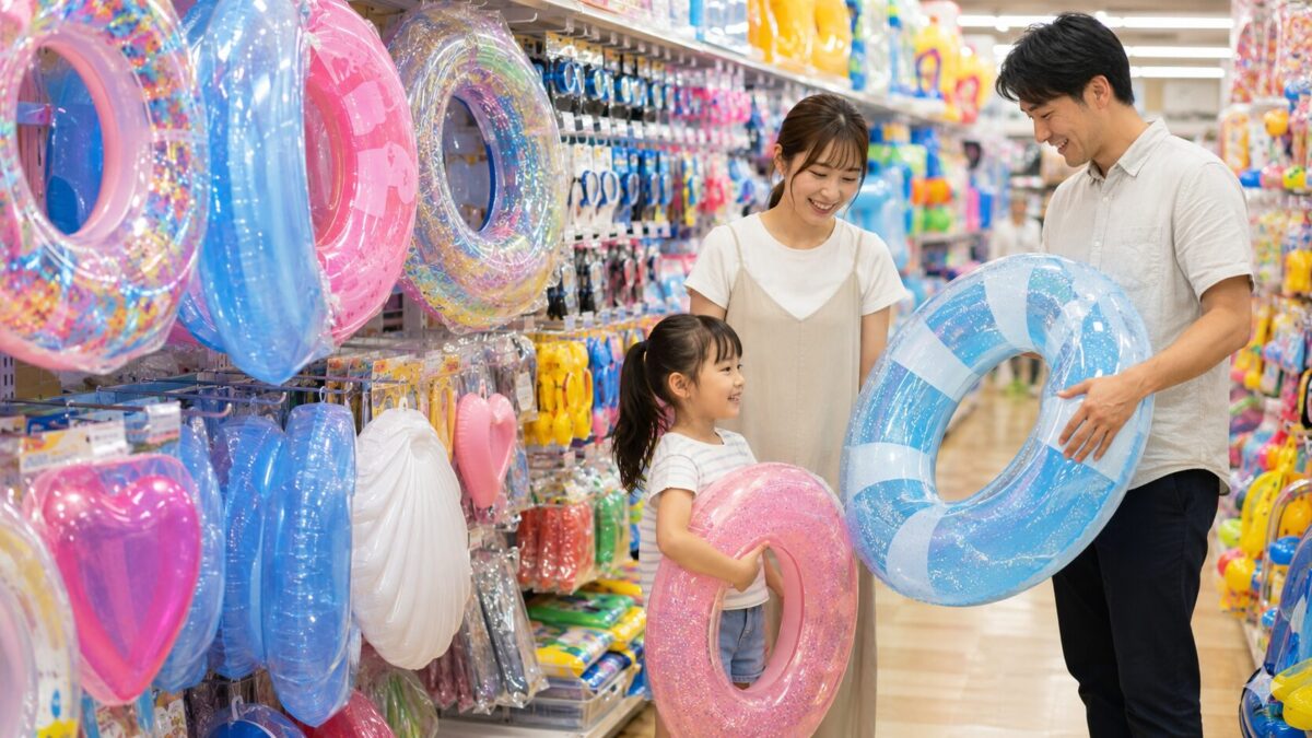夏物売り場で浮き輪を選ぶ家族の買い出し風景
