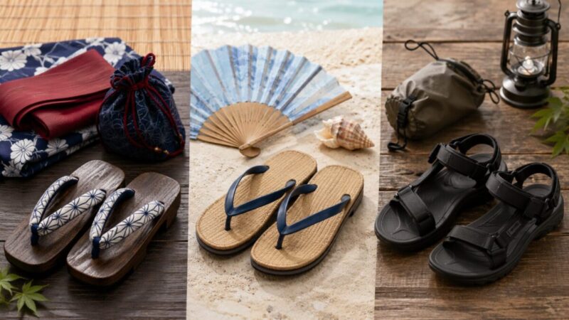 夏祭り、海辺、キャンプ場の場面に合わせて浴衣用の下駄風サンダルやビーチサンダル、スポーツサンダルを比較するイメージ