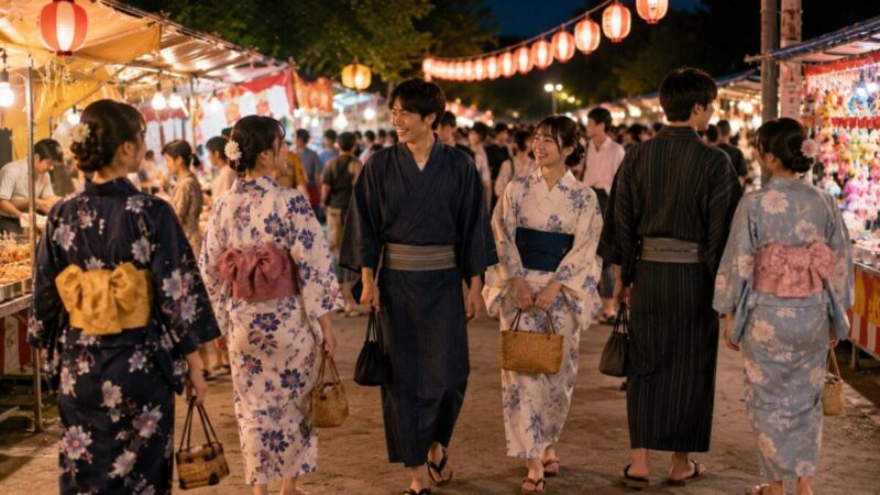 夏祭りで浴衣姿の男女が屋台通りを歩く涼しげなイメージ