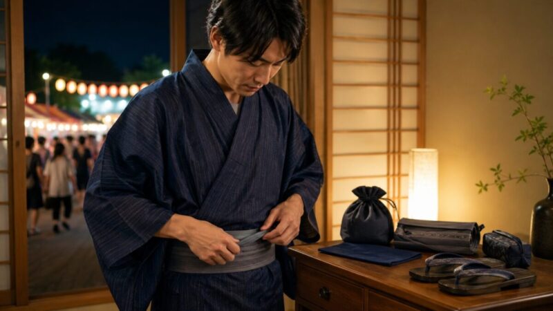 夏祭りに向けて男性が浴衣の帯や小物を整えているイメージ