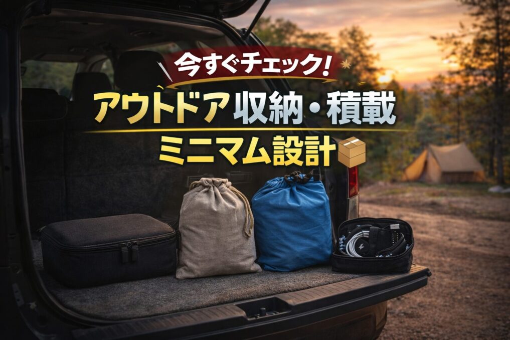 夕方のキャンプ場で車のリアハッチを開け、収納ケース・袋・防水バッグ・ケーブルポーチを整然と並ぶ画像
