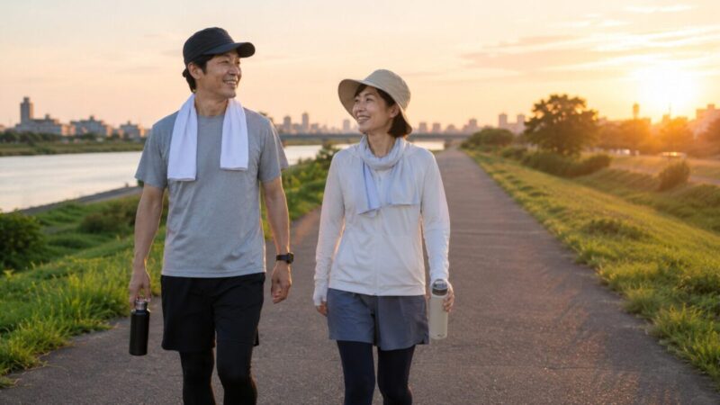 夕方の河川敷で涼しい時間帯にウォーキングする夫婦