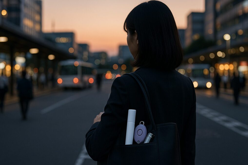 夕方の駅前でビジネスバッグから防犯グッズが少し見えている日本人女性の後ろ姿