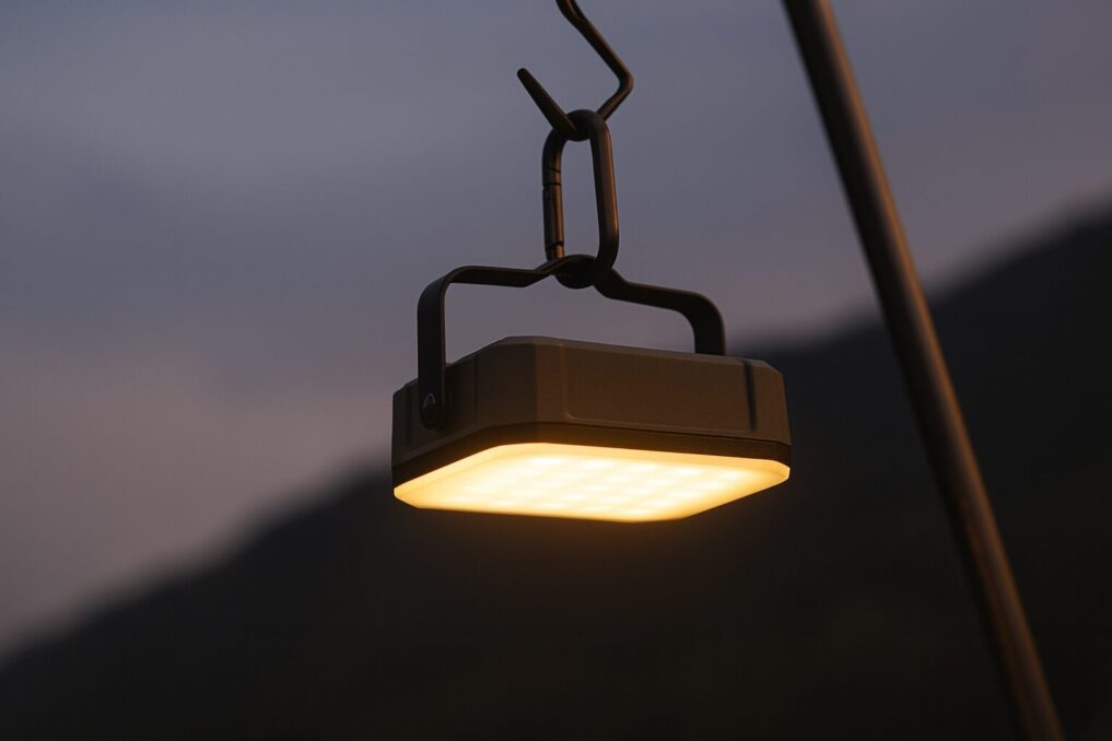 夕暮れに吊るした角型LEDランタンが暖色で光る様子