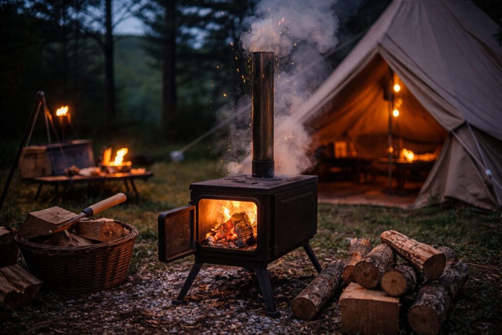 夕暮れのキャンプ場で、テントの前に置いた薪ストーブが炎を灯し、そばに薪束や道具が並ぶ様子。