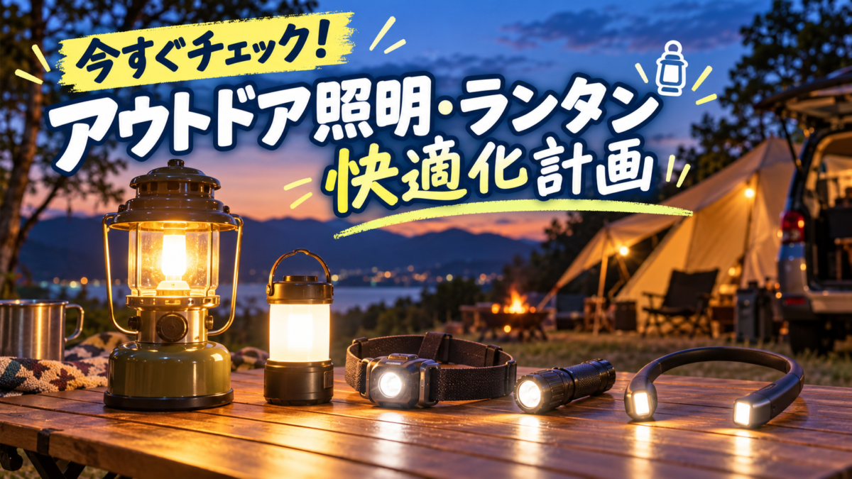 夕暮れのキャンプ場でランタン・ヘッドライト・懐中電灯・ネックライトを並べ、「今すぐチェック！アウトドア照明・ランタン快適化計画」と入ったアイキャッチ画像