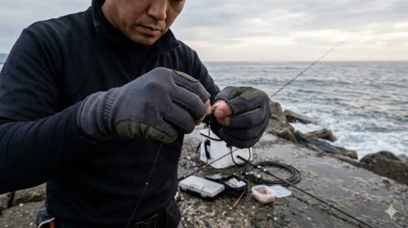 夕暮れの堤防でフルフィンガー手袋を着用しルアー交換する釣り人。