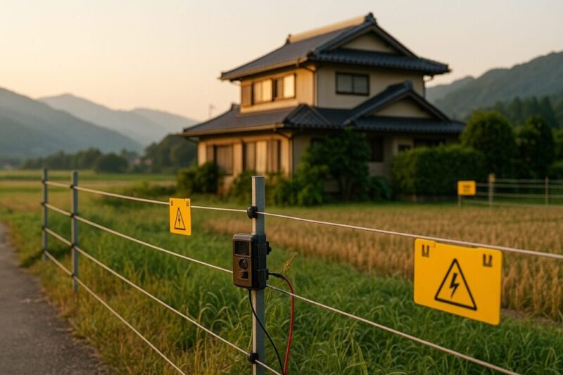 夕暮れの日本の田畑と民家を背景に、ソーラーユニット付きの電気柵が静かに張り巡らされた、防犯と獣害対策のまとめイメージ写真。
