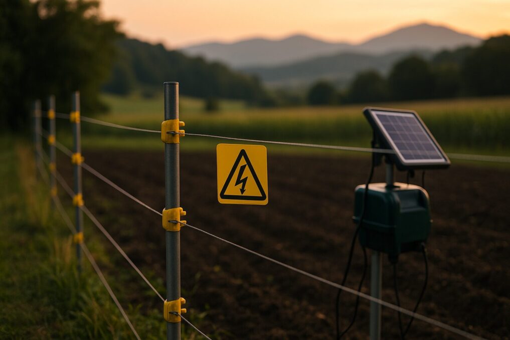 夕暮れの日本の畑を背景に、注意プレートとソーラーユニット付き電気柵が並ぶ防犯イメージ写真。