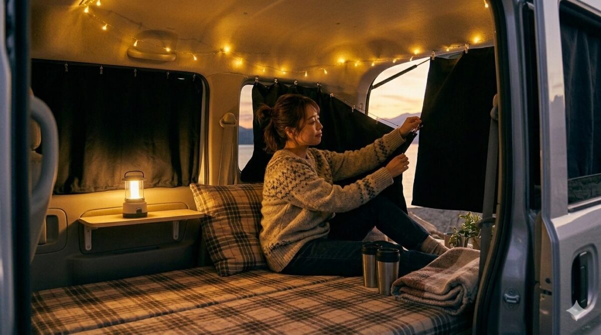 夕暮れの湖畔で、カスタマイズされた軽ワンボックスカー（エブリィのような車種）の車内から撮影された居心地の良い風景